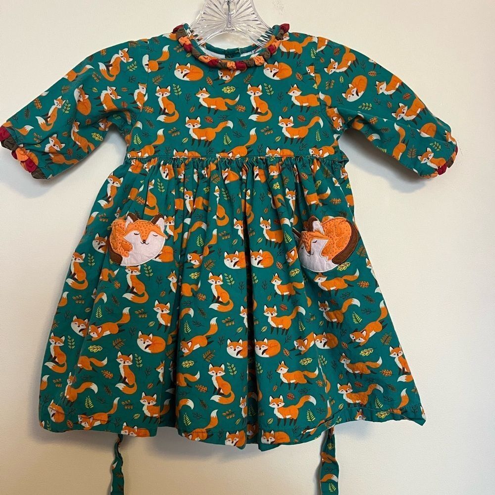 Fox Print Green Kids Casual Dress